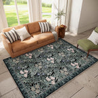 Washable Area Rugs 6x9 Black Green Vintage Floral Botanical Pattern,Perfect for Living Room, Bedroom, Kids Room, Nursery - Stain & Water Resistant Non-Slip, Pet & Child Friendly/Bedroom Decor