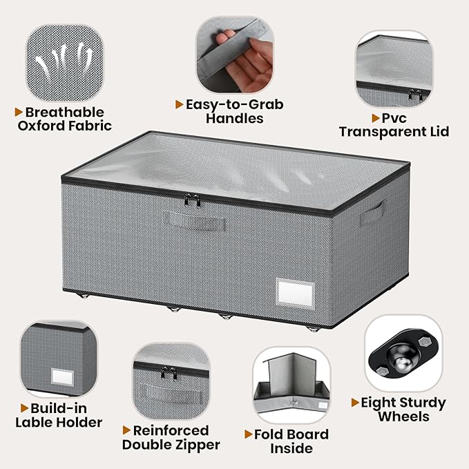 Dayacoco Underbed Storage with Wheels, 2 Pack Under Bed Storage Containers with Clear Lids, No Assembly Required 10.1 inch Rolling Under Bed Storage for Clothes, Grey