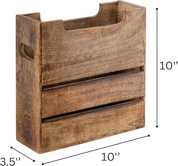 Mie Creations Wooden Magazine Holder Rack with Handle, Decorative Magazine Storage Basket for File, Folder, Books, Newspaper | Rustic Brown Magazine Bin Display Stand, Office Desk Organizer 10-inch