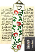 Exquisite Enamel Design Mezuzah with Scroll, Easy Install Use Double-Sided Tape, Pomegranate Theme Mezuzah for Door with Crystal Diamond Accent for Any Memorable Jewish Occasions, 3.8”