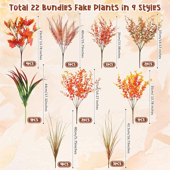 22 Bundles Artificial Fall Flowers for Outdoor Decoration, 9 Styles Autumn Thanksgiving Halloween Decor with Persian Leaves, Lavender, Eucalyptus, Maple Leaves for Window Box Patio Fireplace Decor