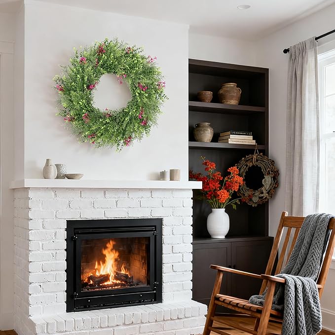 24 Inch Summer Wreaths for Front Door Spring Wreath Outdoor Green Door Wreath for All Seasons Porch Living Room Bedroom Indoor Outdoor Window Wall Farmhouse Home Decoration