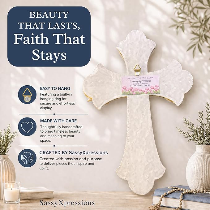 Seashell Cross Wall Decor – 12x8 Inch Handmade Religious Wall Art with Starfish, Abalone & Seashell Accents – Wall Mount Decorative Coastal Christian Cross for Wall & Room Decor by SassyXpressions