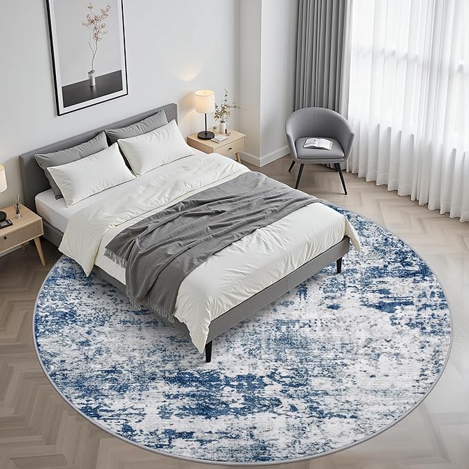 Round Area Rug for Living Room: 8 ft Washable Modern Abstract Soft Thin Rug Indoor Floor No Slip Stain Resistant Carpet for Bedroom Dining Room Farmhouse Nursery Home Office - Blue
