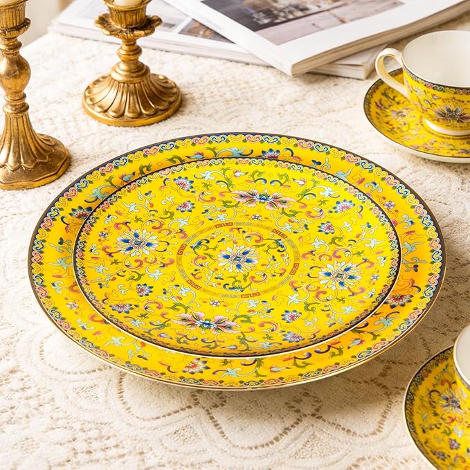 Decorative Plates Set for Display, Yellow Ceramic Plate Decor with Stand, Handmade Vintage Porcelain Ornament for Table, Living Room, Kitchen, Office, Perfect Chinese Style Dish Gift (8in+10in)