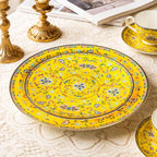 Decorative Plates Set for Display, Yellow Ceramic Plate Decor with Stand, Handmade Vintage Porcelain Ornament for Table, Living Room, Kitchen, Office, Perfect Chinese Style Dish Gift (8in+10in)