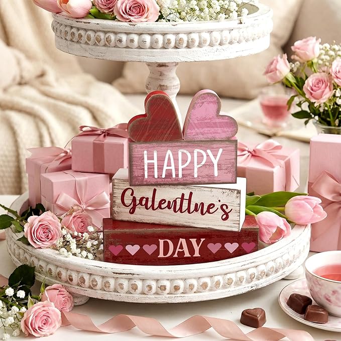 Yuntau 5 Pcs Happy Galentines Day Decorations Wooden Hearts Table Centerpiece Happy Galentines Day Party Table Sign for Valentines Tiered Tray Desk Mantle Shelf Decor