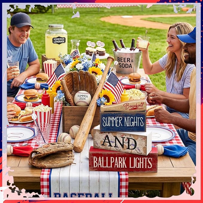 Lineshading 4 Pcs Baseball Decorations Stacked Wooden Blocks Signs with Bat Topper, Summer Nights Ballpark Lights Decor - Baseball Table Decor Ideal Gift for Fans Boys Room Party Coffee Shelf