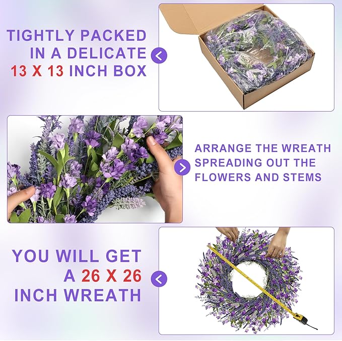 LZNPA 26 Inch Large Lavender Wreath for Front Door Greenery Summer Spring Wreaths for Front Door Wreaths for Front Door All Seasons for Wedding Farmhouse Wall Porch Window Decor(Purple Lavender)