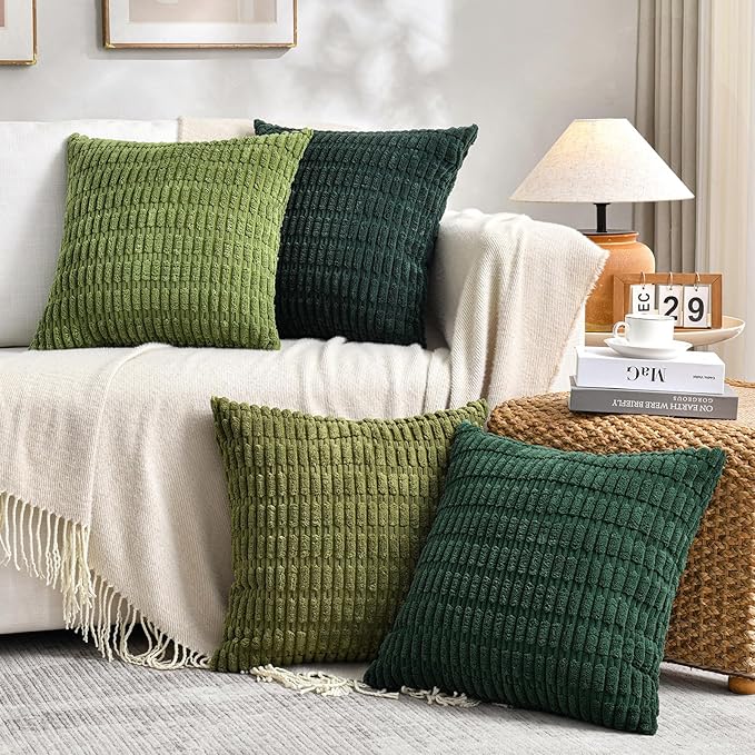 Fancy Homi Set of 4 Green Spring Decorative Throw Pillow Covers 12x12 Inch for Couch Bed Chair, Aesthetic Rustic Boho Room Decor, Soft Fuzzy Double Sided Thick Corduroy Textured Cushion Case 30cm