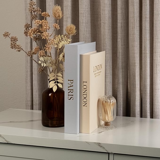 Decorative Books with Storage (Gray/Beige) – Set of 2 Faux Linen Book Boxes with Gold Stamped Covers – Enhance Your Coffee Table, Bookshelf Decor – Hidden Storage for Photos, Keepsakes, and Jewelry