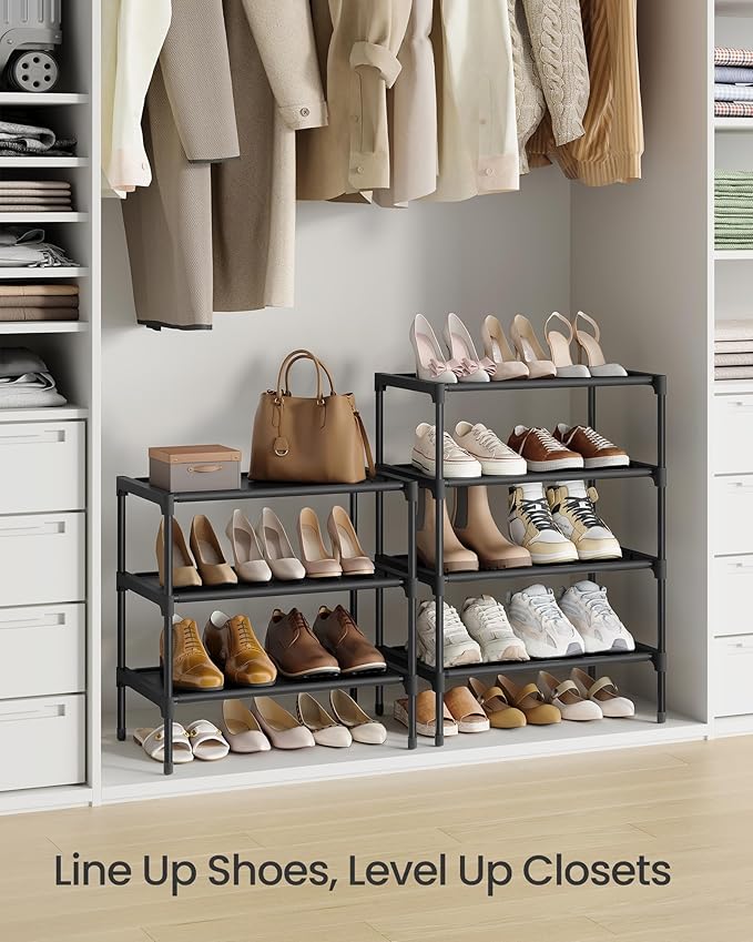 SONGMICS Shoe Rack, 3-Tier Shoe Storage Organizer, Space-Saving, 11.7 x 16.5 x 19.1 Inches, Entryway, Metal Frame, Non-Woven Fabric Shelves, Ink Black ULSH013BH01