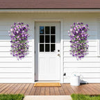 Artificial Fake Hanging Flowers Plants for Outdoor Spring Decoration,2 PCS Faux Silk Morning Glory with Eucalyptus Leaves,UV Resistant Realistic Trailing Vines for Balcony Porch Patio Yard Garden