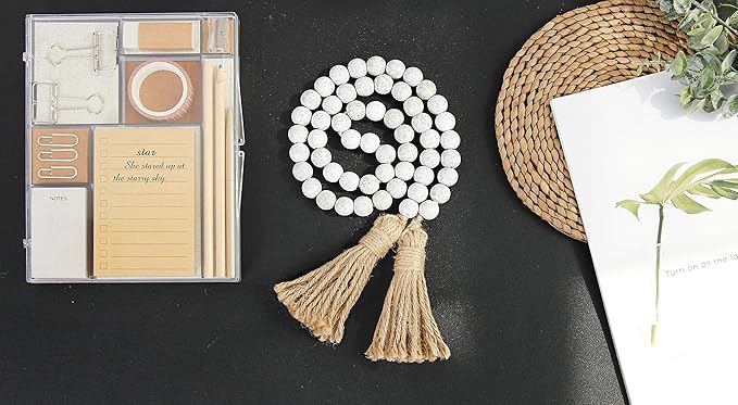 Meplait 39in Wood Bead Garland Farmhouse with Tassels,Versatile Prayer Beads Boho Chic Wall Hanging Home Decor (Wash White)