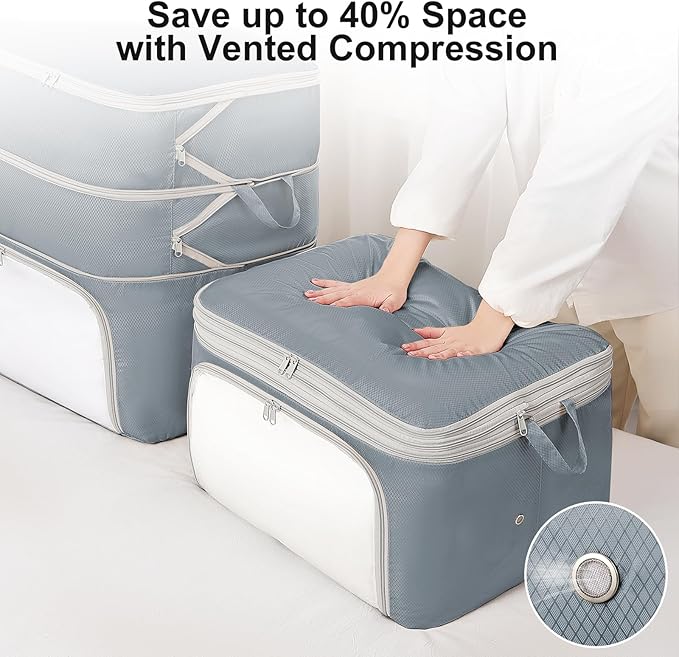 Comforter Storage Bag - 130L Blanket Storage Bags Front-opening Ultra Space Saving Self Compression Organizer, Washable Compression Bags for Storage Comforter Blanket, 2 Pack, Grey
