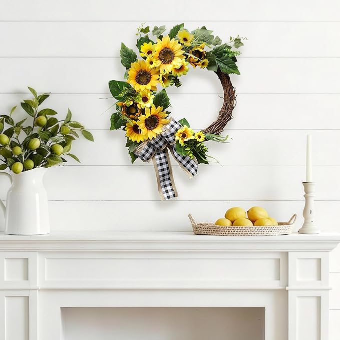 20 Inch Sunflower Spring Summer Wreath for Front Door, Artificial Sunflower Wreath with Green Leaves, Modern Farmhouse Wall Wedding Home Indoor Outdoor Decor