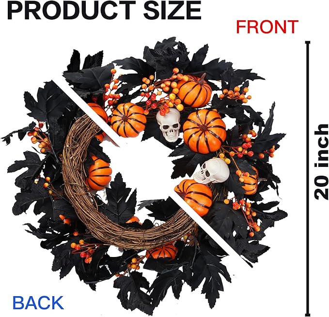 Sggvecsy Halloween Wreath with Artificial Pumpkin Handmade Black Maple Leave Skull Pumpkin Orange Berries 20''Front Door Decorations for Indoor Outdoor Home Halloween Festival Decoration