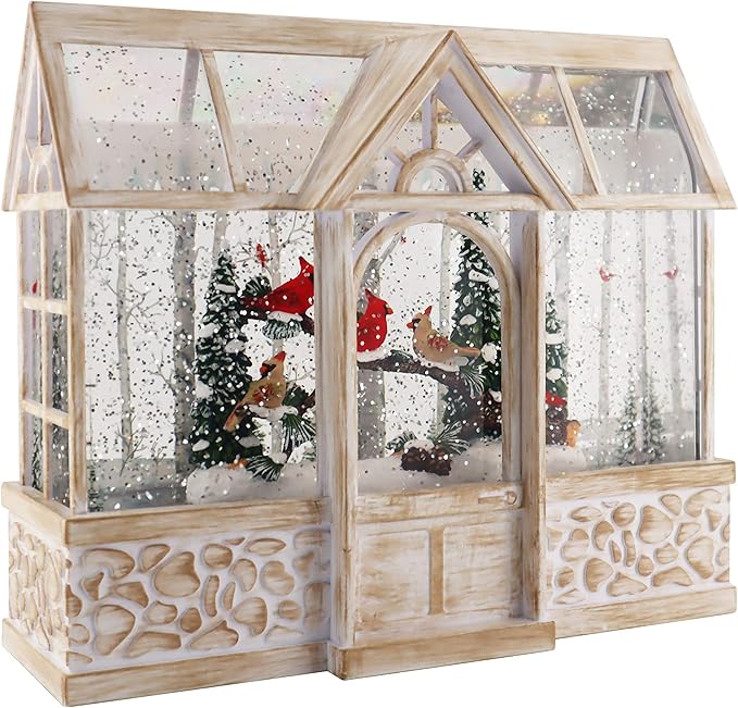 Victory Creative Christmas Illumination Cardinals Greenhouse Water Globe 8"x9" Musical Giltter Spinner Battery Operated Timer & USB Xmas Light Up Snow Globe Home Decor