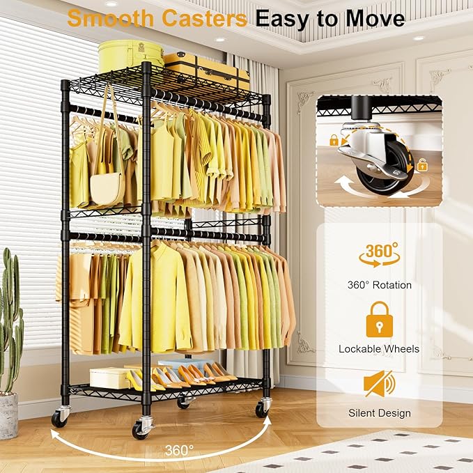 P4 Rolling Clothes Rack Heavy Duty, Clothing Racks for Hanging Clothes, Freestanding Garment Racks with Wheels, Metal Portable Closet Rack 35.5''W × 20.5''D × 80.5''H, Max Load 560Lbs, Black