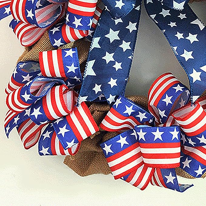 XKCL Patriotic Wreaths, 20 Inch Memorial Day Wreath, 4th of July American Flag Wreath for Front Door Decorations (Beige＆Bule)