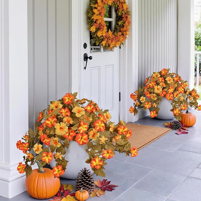 HyeFlora Artificial Fall Flowers for Outdoors Decoration 2PCS Autumn Faux Morning Glory Look Real Silk Flowers for Outside Planter UV Resistant Fake Flowers for Home Garden Balcony Yard Porch Deco