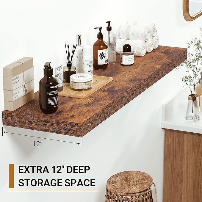 Vivelove 12 Inch Deep Floating Shelves for Wall, 16" Long Wall Shelves with Invisible Brackets, for Living Room Bedroom Bathroom, Farmhouse Rustic Shelves Home Decor, Set of 2, Rustic Brown