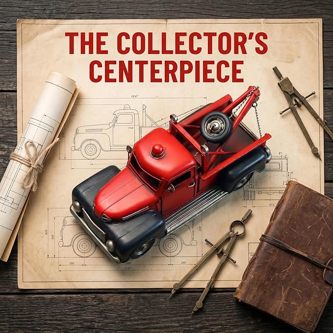 Vintage Red Tow Truck Decor Model, Classic Retro Metal Wrecker Truck Figurine, Distressed Rustic Collectible Sculpture for Home Office Shelf Desk Tabletop Decor
