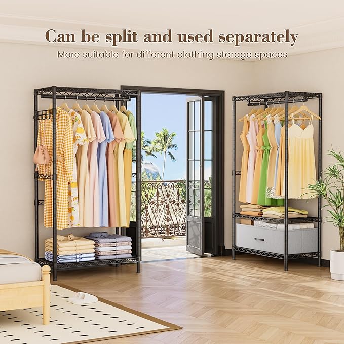 Coat Rack Clothes Wardrobe：Closet Organizer and Storage Clothing Garment Rack with Shelves Heavy Duty for Hanging Clothes Portable Adjustable Black 15.8" DX69 WX76.5 H