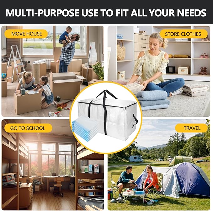 Extra Large Storage Bags Set Heavy Duty Moving Totes with Handles, Waterproof Dual-Way Carrying Design with Vacuum Storage Bag Combo,College Dorm,Traveling,Camping(6 Moving bag & 10 Vacuum Seal Bags)