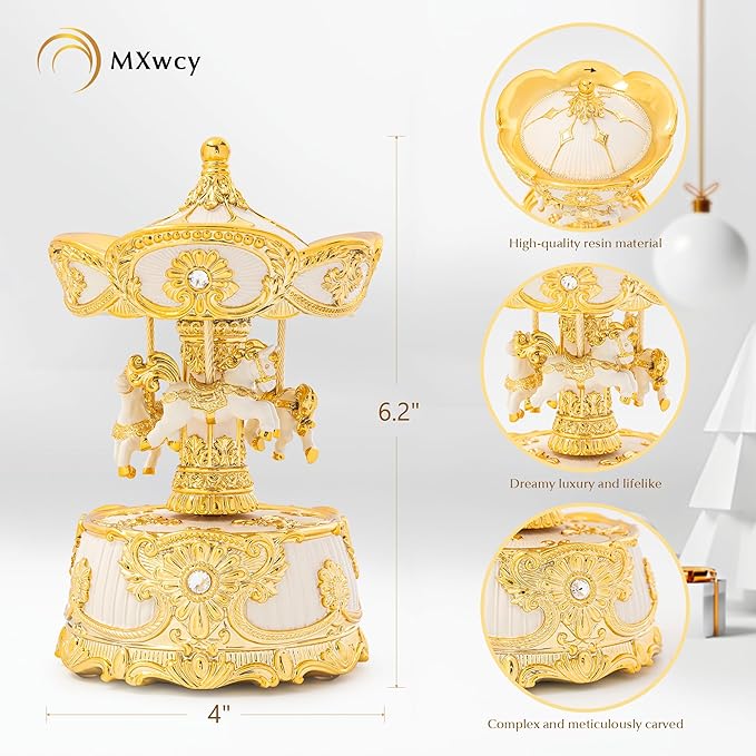 MXwcy Carousel Music Box 6.2" Classic Wind Up Music Box, Rotating Carousel Horse Christmas Table Center Piece, Gold & Ivory Vintage Home Decor, for Mom Women Birthday Gifts for Girls