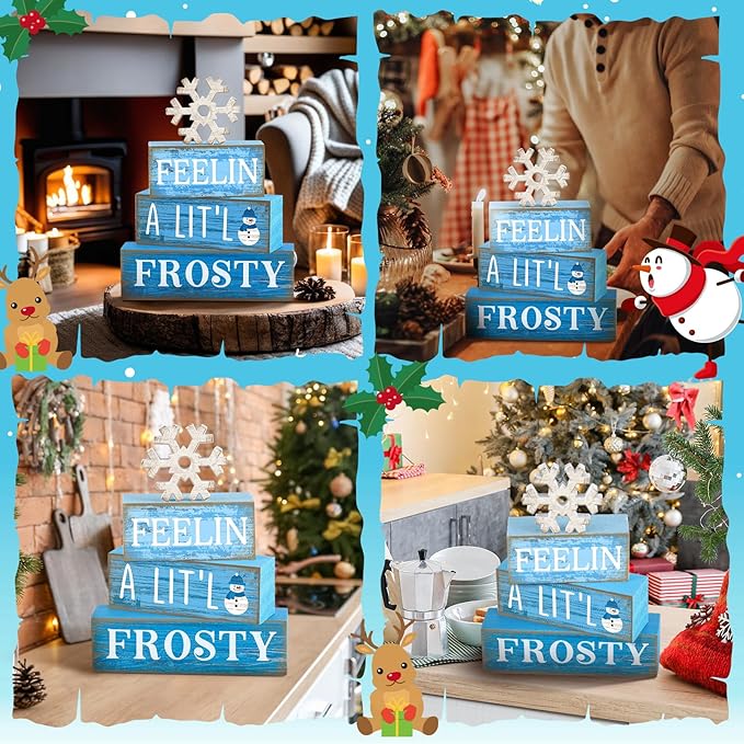Yuntau 4 Pcs Winter Wooden Tabletop Decor Christmas Snowflake Tiered Tray Decor Rustic Wood Block Sign Gift Winter Centerpiece for Shelf Office Farmhouse Table Frozen Birthday Party Decoration