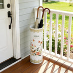Vintage Metal Round Umbrella Holder Decorative Flower Design Umbrella Stands Entryway Organizer Bucket for Home/Office/Farmhouse - Holds Multiple Umbrellas, Walking Sticks & Canes Flower White