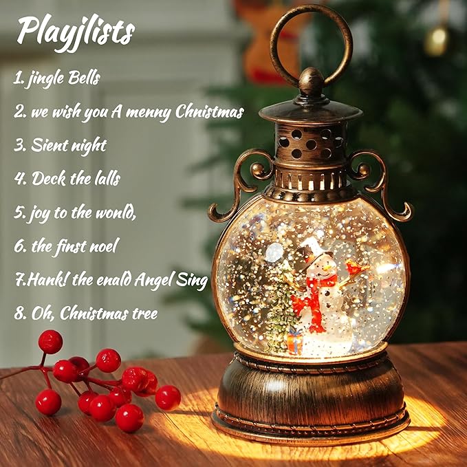 Christmas Snow Globe Lantern Water Glittering Snowman Scene with Music & Timer, USB Lined/Battery Operated Lighted Water Lantern for Christmas Festival Decoration Gifts