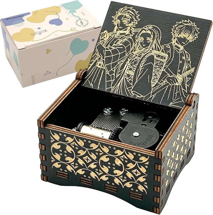 Pursuestar Black Wooden Wind Up Music Box - DemonSlayer Merch, Vintage Engraved Wood Mechanism Musical Gifts for Anime Fans Son Daughter Boys Christmas Birthday