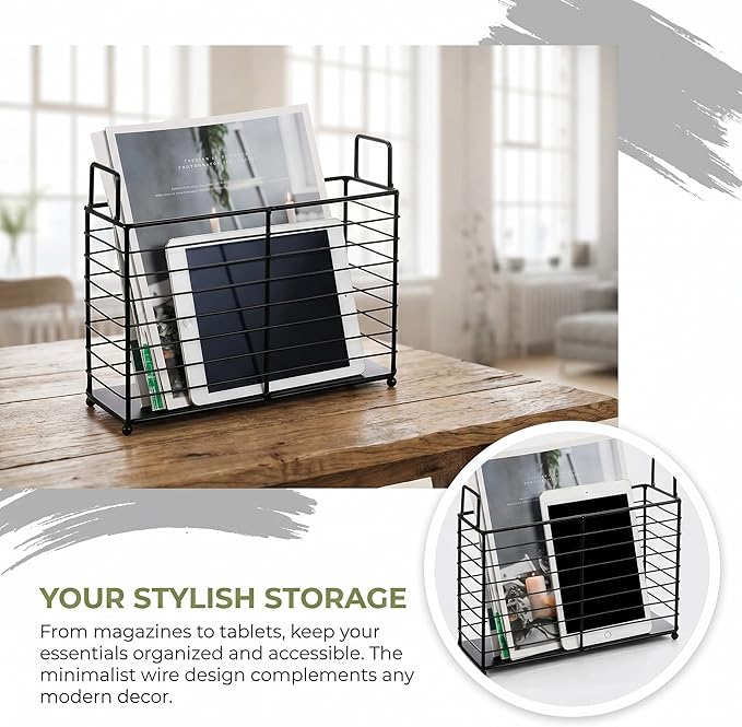Noamus Metal Magazine Rack, Newspaper Book Tablet Storage Basket, File Holder Mail Organizer Bin with Handles, Iron Wire Black Folder Stand Holder for Home Office Bathroom Bedroom Den Living Room