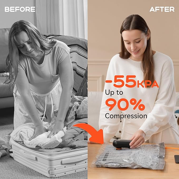 Vacuum Bags for Clothing with 55kPa Air Pump, 15 Pack Vacuum Seal Bags for Travel, Space Saver Bags for Luggage and Suitcases, Carry-on Size Compression Packing Bags