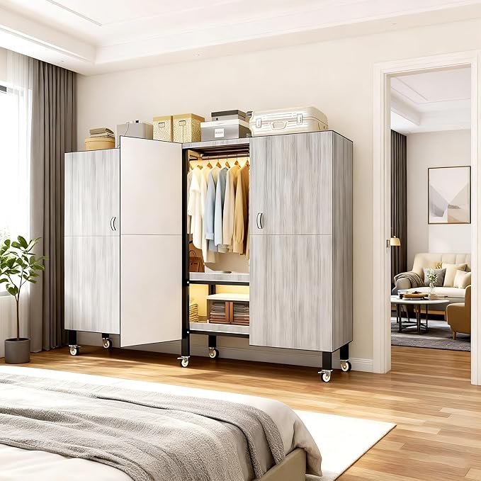 71Heavy Duty Portable Closet with Cover Magnetic Doors, Metal Rolling Clothes Rack Heavy Duty 1500LB, Foldable Clothing Rack, Garment Racks for Bedroom/ LivingRoom/ Rental (KT Woodgrain Gray, 70.86in)
