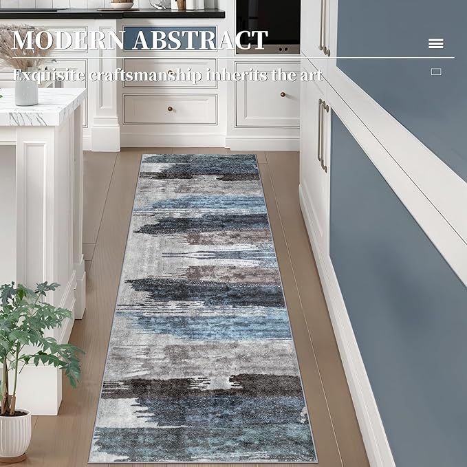 Ciicool 2x5 Washable Runner Rug, Modern Abstract Hallway Rugs Runner, Non-Slip Thin Accent Rug Lightweight Navy Grey Print Distressed Carpet for Laundry Entryway Bedroom Kitchen Bathroom Indoor