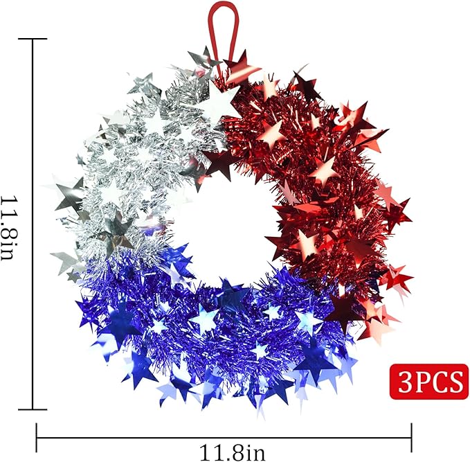 TORONTOKYO 3 Pcs Patriotic Tinsel Wreath for Front Door 11.81 Inch Red White Blue Memorial Day Wreath with Stars 4th of July Decorations for Independence Day Wall Home Farmhouse
