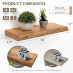 Marsmiles 16 inch Floating Shelves for Wall Elm Wood Live Edge Shelves|Rustic Wooden Wall Shelves with Invisible Bracket for Bathroom Living Room Kitchen|Natural, 2 Pack