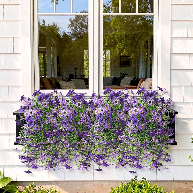 Artificial Flowers for Outdoors, 2 Pcs Fake Hanging Flowers Plants Outdoors Spring Summer Decoration, UV Resistant Faux Flower for Outdoor Planters Porch Patio Yard Window Home Decor(Gradient Purple)