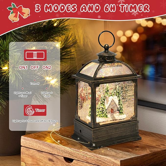 Christmas Snow Globe Lantern with 8 Music Songs & 6H Timer Water Snow Globe Lantern USB & Battery Operated for Christmas Festival Decorations Gifts (House)