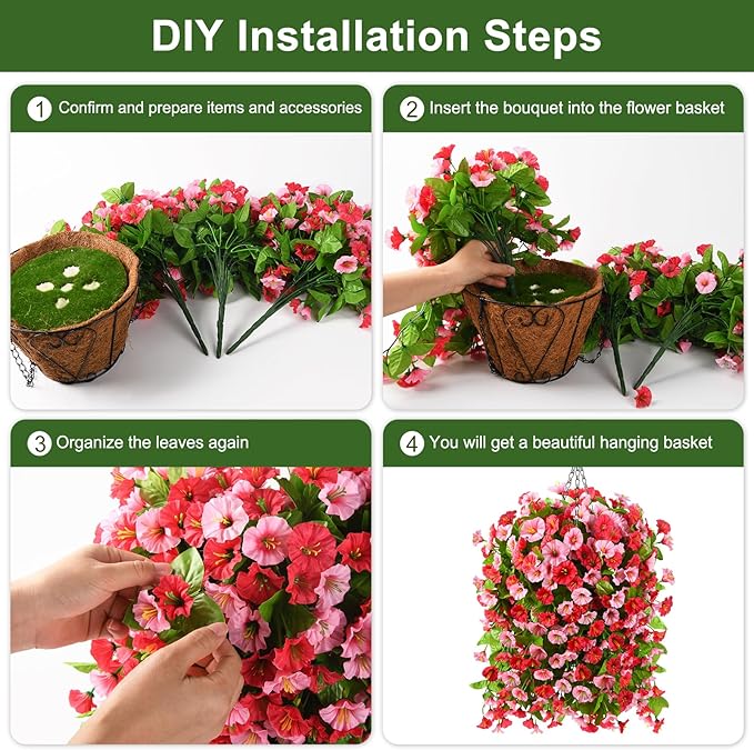 Homsunny Artificial Faux Hanging Flowers Plants Baskets for Outdoor Spring Summer Decorations,Resistant Fake Morning Glory Silk Plants for Outside UV Resistant Patio Yard Home Porch Decor(Rose red)