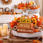 Lineshading 4 Pcs Fall Decoration for Home Rustic Fall Religious Wooden Stacked Sign Decor - Cross & Pumpkin Themed Table Decoration with Faith Quotes Thanksgiving Tiered Tray Decor for Office Church