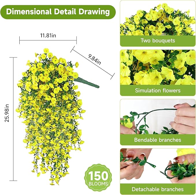 Artificial Hanging Flowers for Outdoors, 4 PCS UV Resistant Faux Plants Silk Realistic 150 Morning Glory Each Vines, Fake Plastic Floral for Garden Patio Spring Summer Decor, Yellow