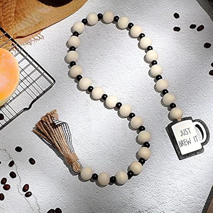 Jetec Coffee Bar Decor Wood Bead Garland with Tassel Coffee Bar Try Decor Accessories, Table, Shelf, Rustic Farmhouse Home