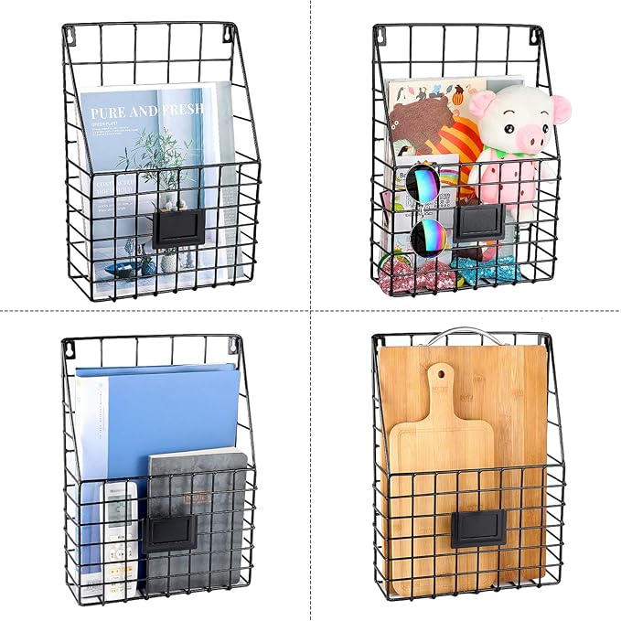 Storage Racks, Metal Wire Wall Mounted Magazine Holder, Wall Hanging Organizer holder for Files, Newspapers, Magazines with Tag Slot for Office, Home Organization, Black