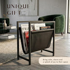 Modern Magazine Rack for Living Room and Office | Freestanding Metal and Leather Magazine Holder | Contemporary Storage Organizer for Books, Newspapers | Minimalist Home and Lounge Decor (Black)
