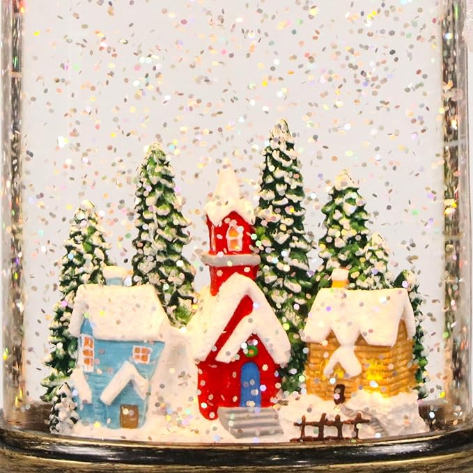 Christmas Snow Globe Candle with Timer & Music, Snowy Cabin Scene, Swirling Glittering Candle Shaped Snow Lantern, USB/Battery Operated Lighted Lantern for Christmas Decoration