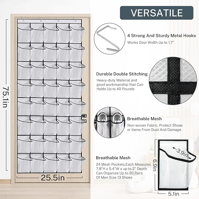 40-Pocket Over the Door Shoe Organizer - Large Mesh Pocket Hanging Shoe Rack for Door, Shoes Storage Holder Sturdy Non-woven Fabric - Stores 20 Pairs (White02)